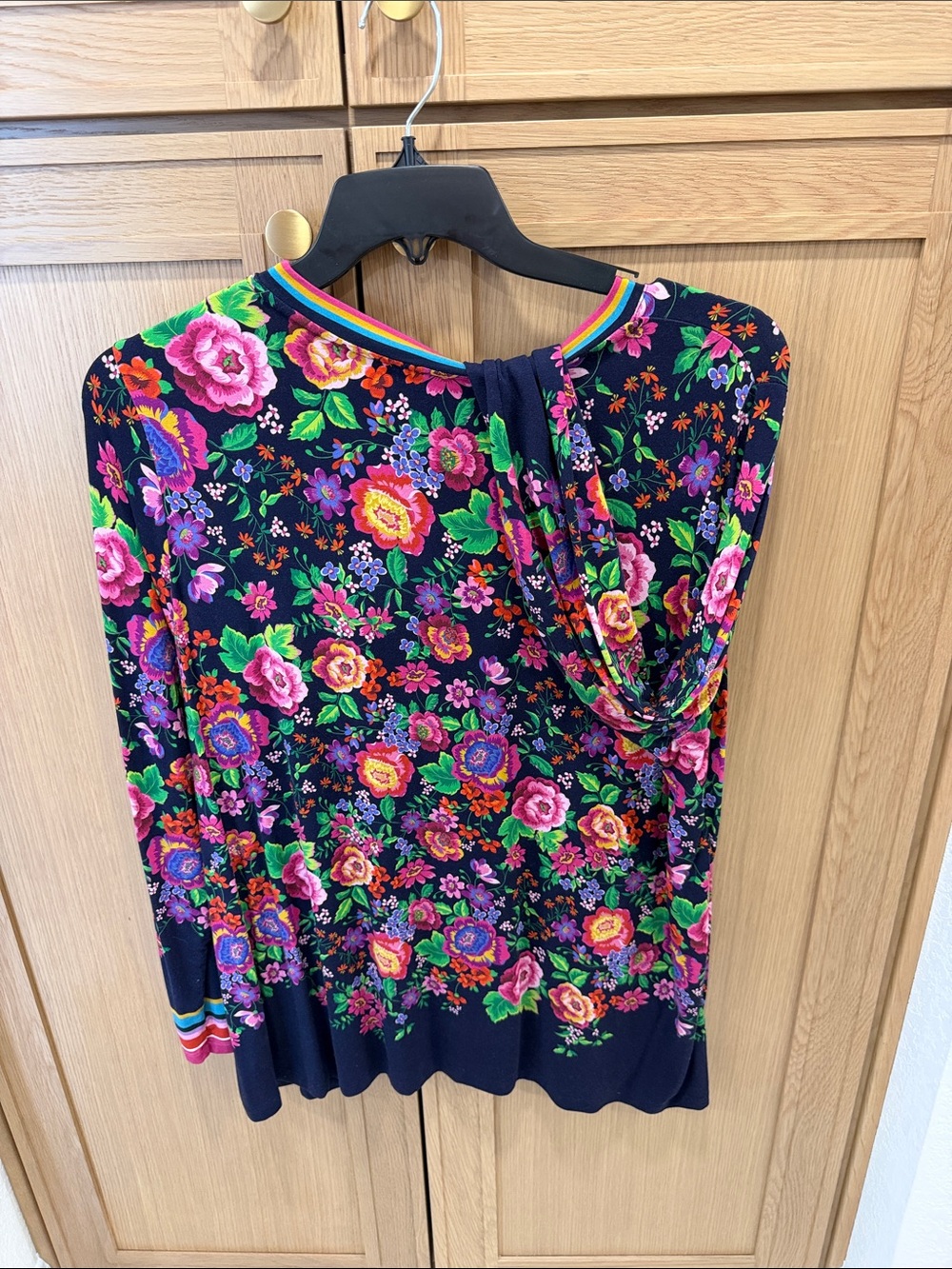 Johnny Was Navy Floral Long-Sleeve Tee with Rainbow Trim - Picture 4 of 4